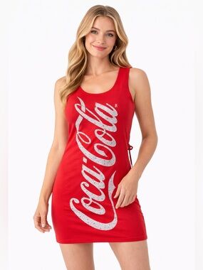 Vintage Y2K Coca Cola Red Graphic Dress - Rhinestone Logo Bodycon Mini - XS